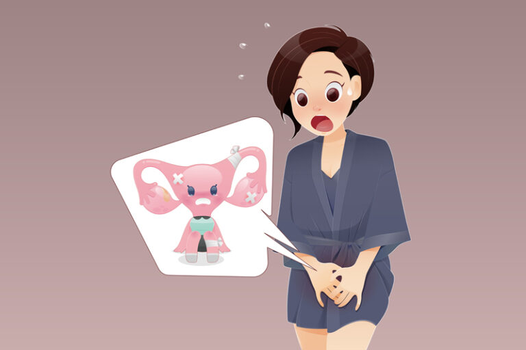 Cartoon woman in dark purple sleepwear with genital itching caus
